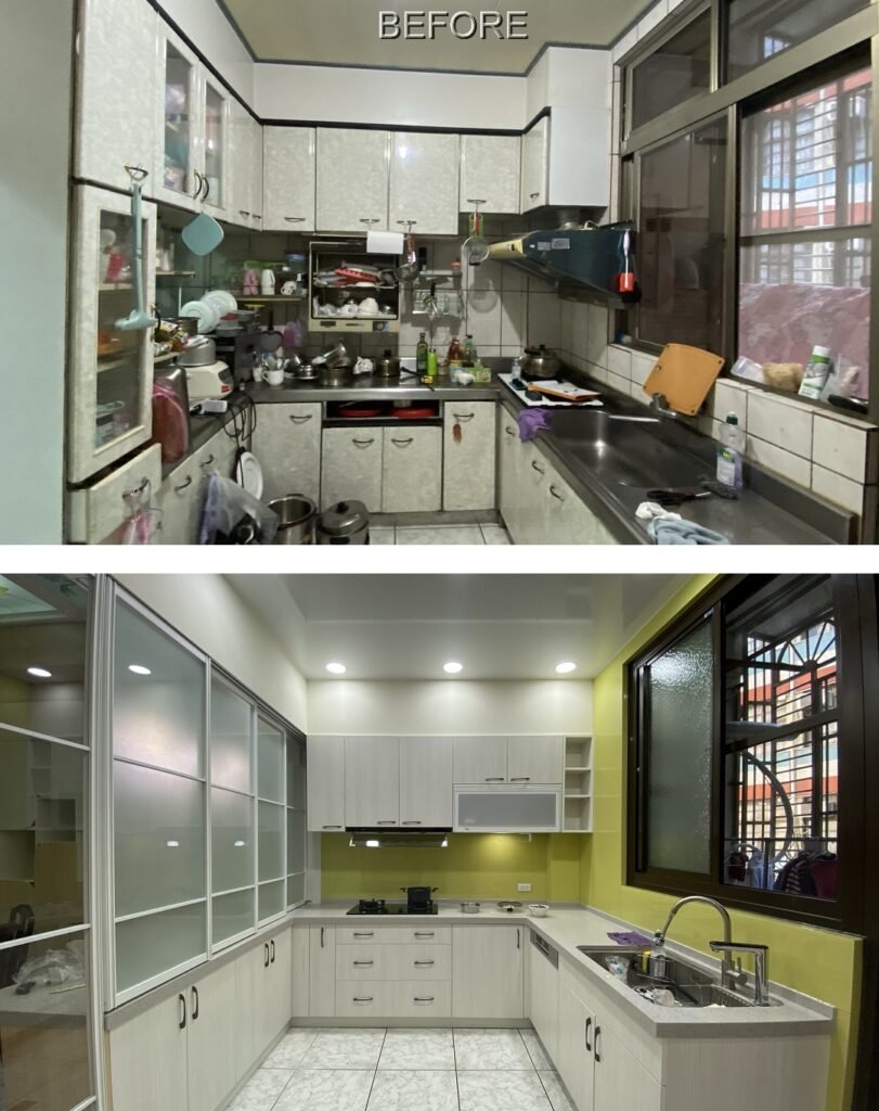 廚房 Before & After 對比照。上方為老舊混亂的 U 型廚房，下方為現代簡約、採光充足的珍珠白與檸檬黃 U 型系統廚具規劃，搭配霧面玻璃大收納櫃。