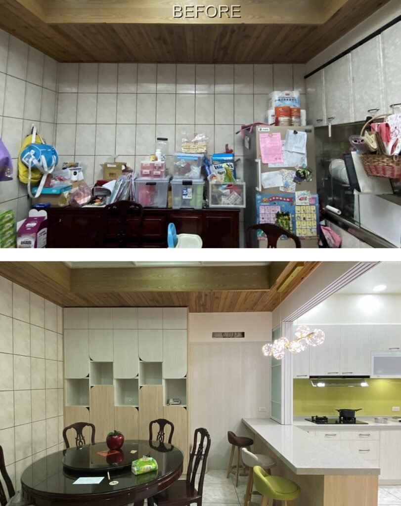 餐廳裝修 Before & After 對比圖。上方為堆滿雜物且缺乏規劃的老舊餐區；下方為現代木質風格系統餐茶櫃，搭配吧檯中島與明亮廚房視角。