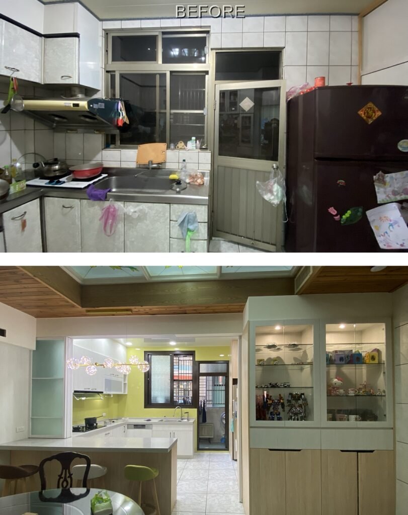 餐廚空間翻新 Before & After 對比圖。上方為昏暗雜亂、收納不足的舊式廚房；下方為結合中島吧檯、展示櫃與檸檬黃烤漆玻璃的開放式現代廚房。