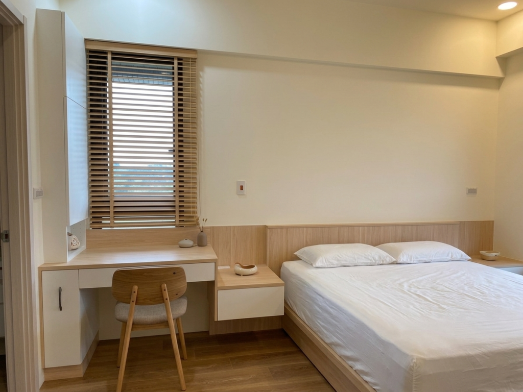 臥室系統家具設計，結合床架、床頭櫃與書桌，打造實用且溫馨的睡眠空間。