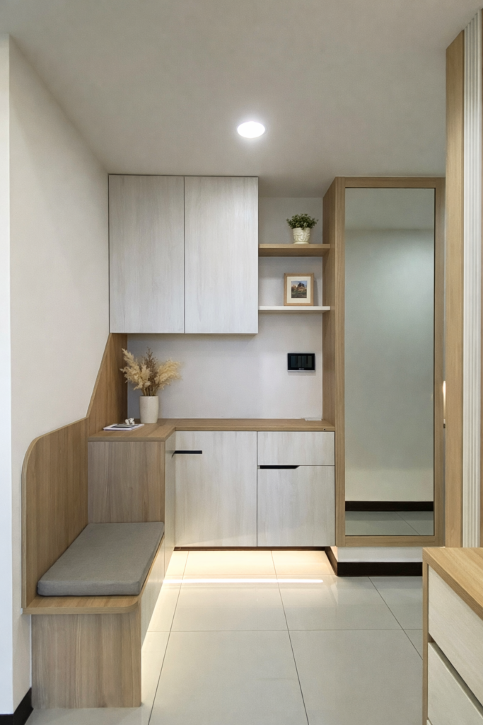 現代風玄關系統櫃設計，結合穿鞋椅、鞋櫃、展示層板與穿衣鏡的多功能一體化規劃。